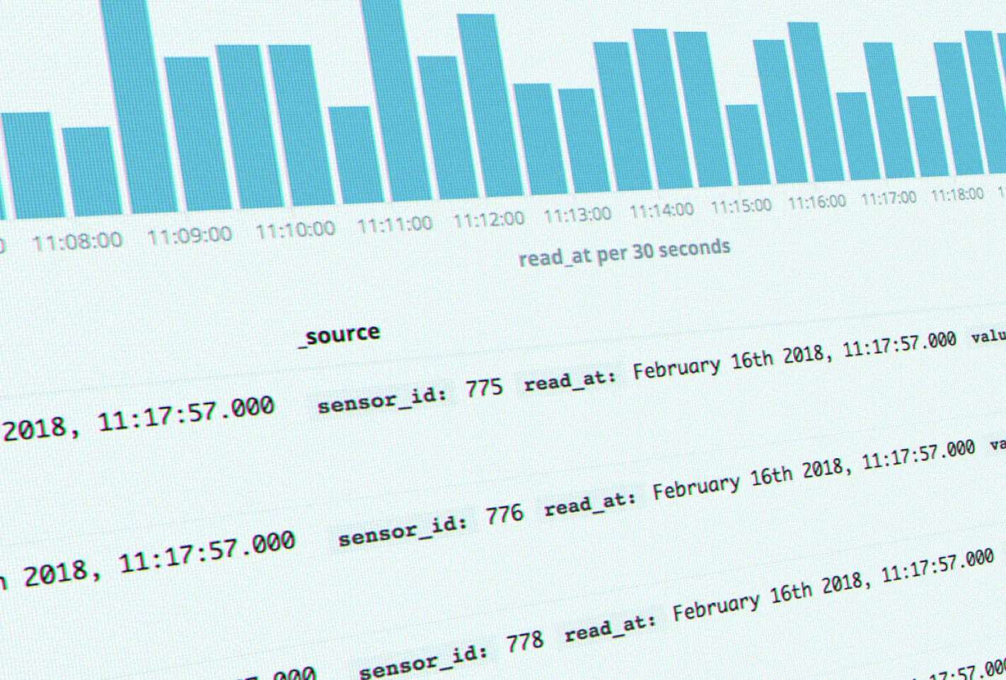 Close-up of raw sensor readings in the Syngeos database, with sensor ids and timestamps