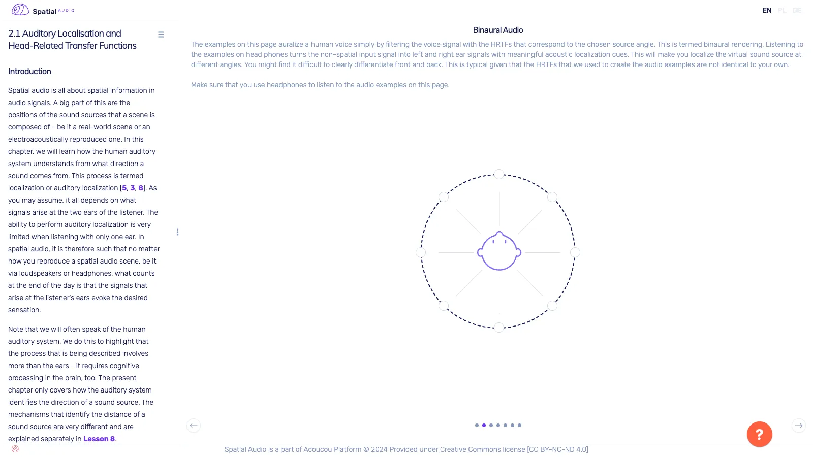 A slide from lesson 2.1: a binaural 3D panner, a circle around a head from which a sound source can be placed at different angles.