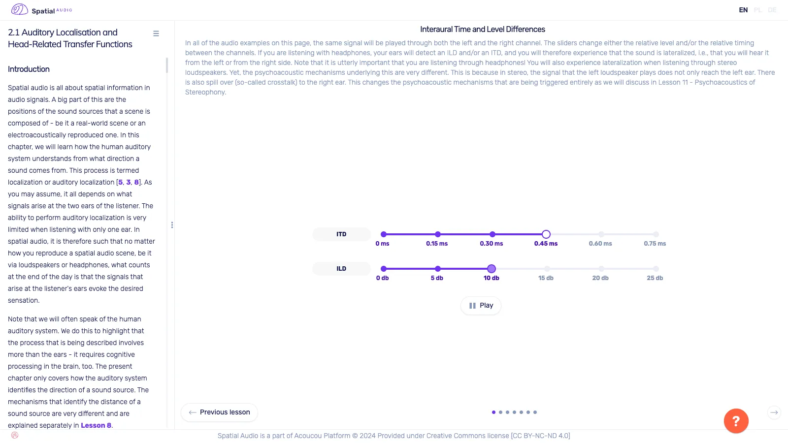 A slide from lesson 2.1: two sliders, one for the time difference between the ears (ITD) and one for the level difference (ILD), set to 0.45 ms and 10 dB, with a play button.