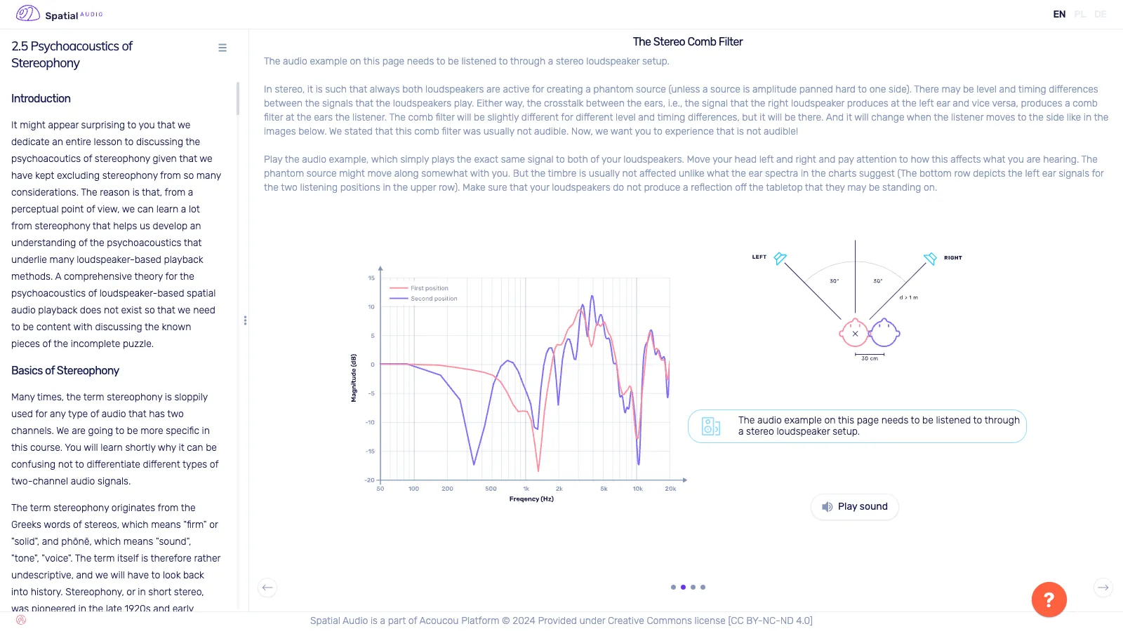 A slide from lesson 2.5: a graph of the comb filter at the ears of two listeners in a stereo setup, next to a drawing of the two loudspeakers and the two listening positions.