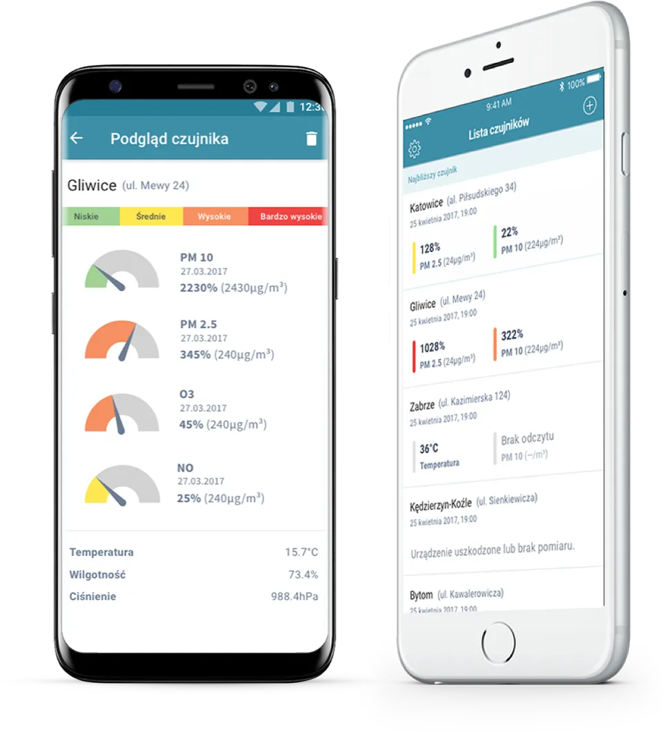Syngeos mobile apps for Android and iOS: sensor details with pollution gauges and a list of sensors