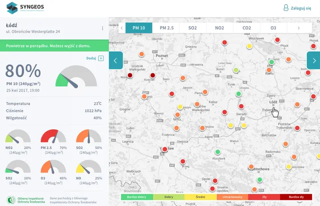 Syngeos web panel with a map of Poland, sensor markers and pollution gauges